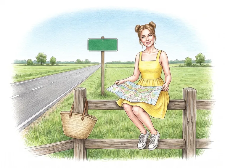 Coloured-pencil drawing of a young woman sitting on a split-rail fence by a two-lane country road, a paper road map open on her knees.