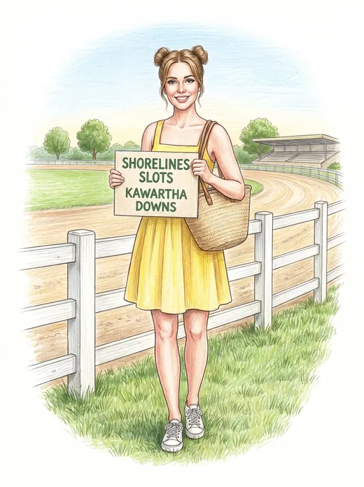Coloured-pencil drawing of a young woman in a lemon-yellow sundress standing by the white rail of a harness track, holding a hand-lettered sign that reads Shorelines Slots, Kawartha Downs.