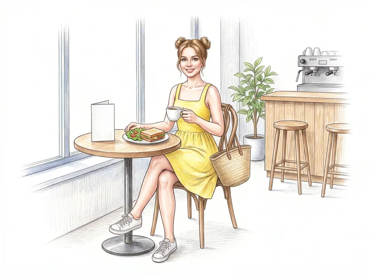 Coloured-pencil drawing of a young woman at a small café table with a mug of coffee and a sandwich.