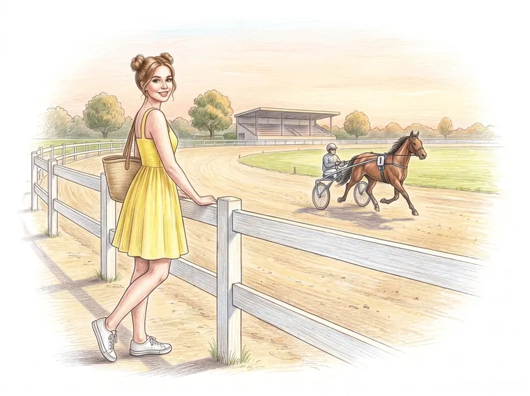 Coloured-pencil drawing of a young woman leaning on the white rail of a harness track at sunset while a trotter pulls a sulky in the distance.